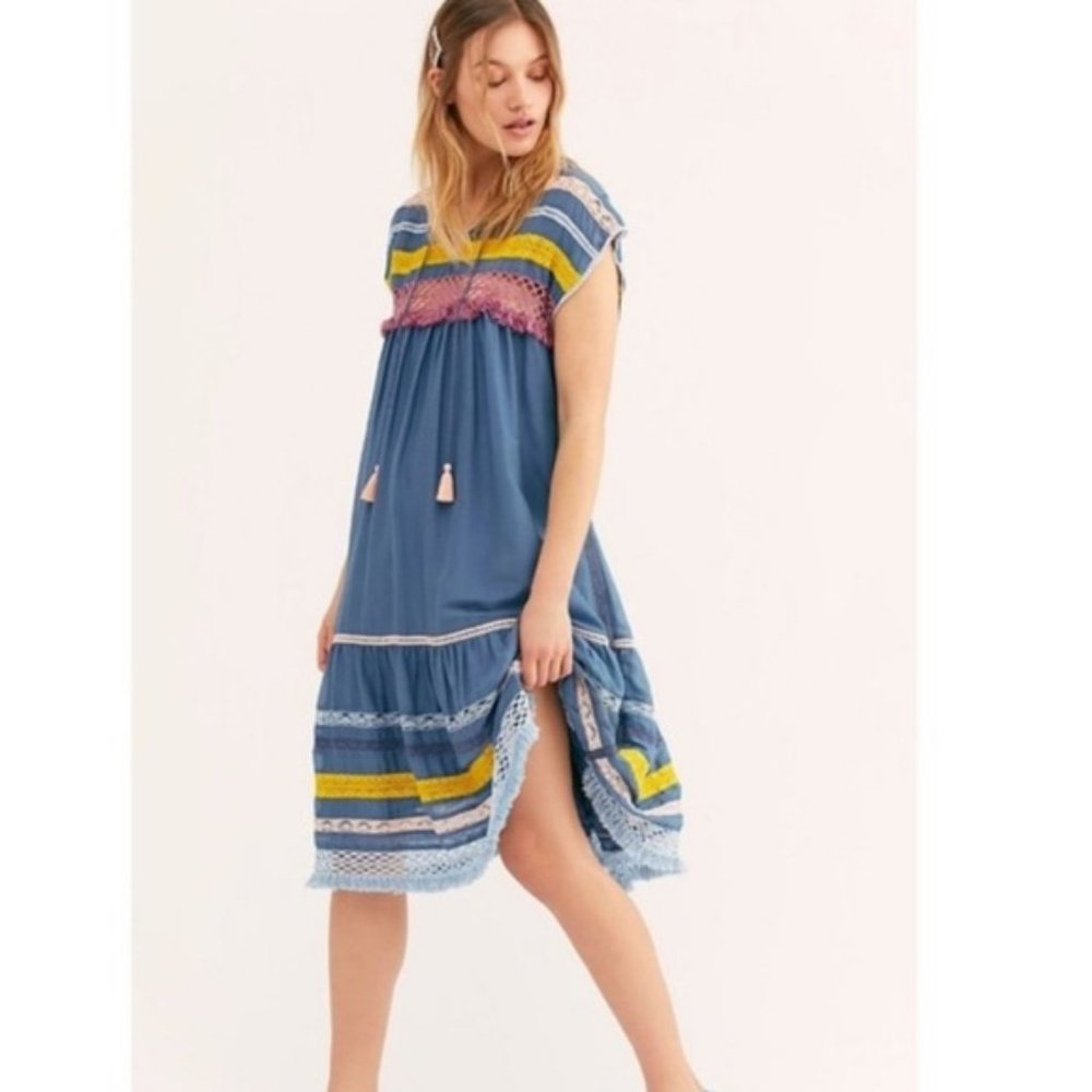 Free People Crochet Lace Boho Midi Dress Blue Pink - Picture 6 of 9